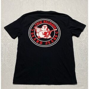 True Religion Buddha Logo Seal T-shirt Mens M Black Guitar Graphic Logo